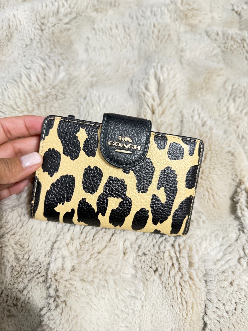 Coach Leopard Print Snap Wallet - Black and Cream